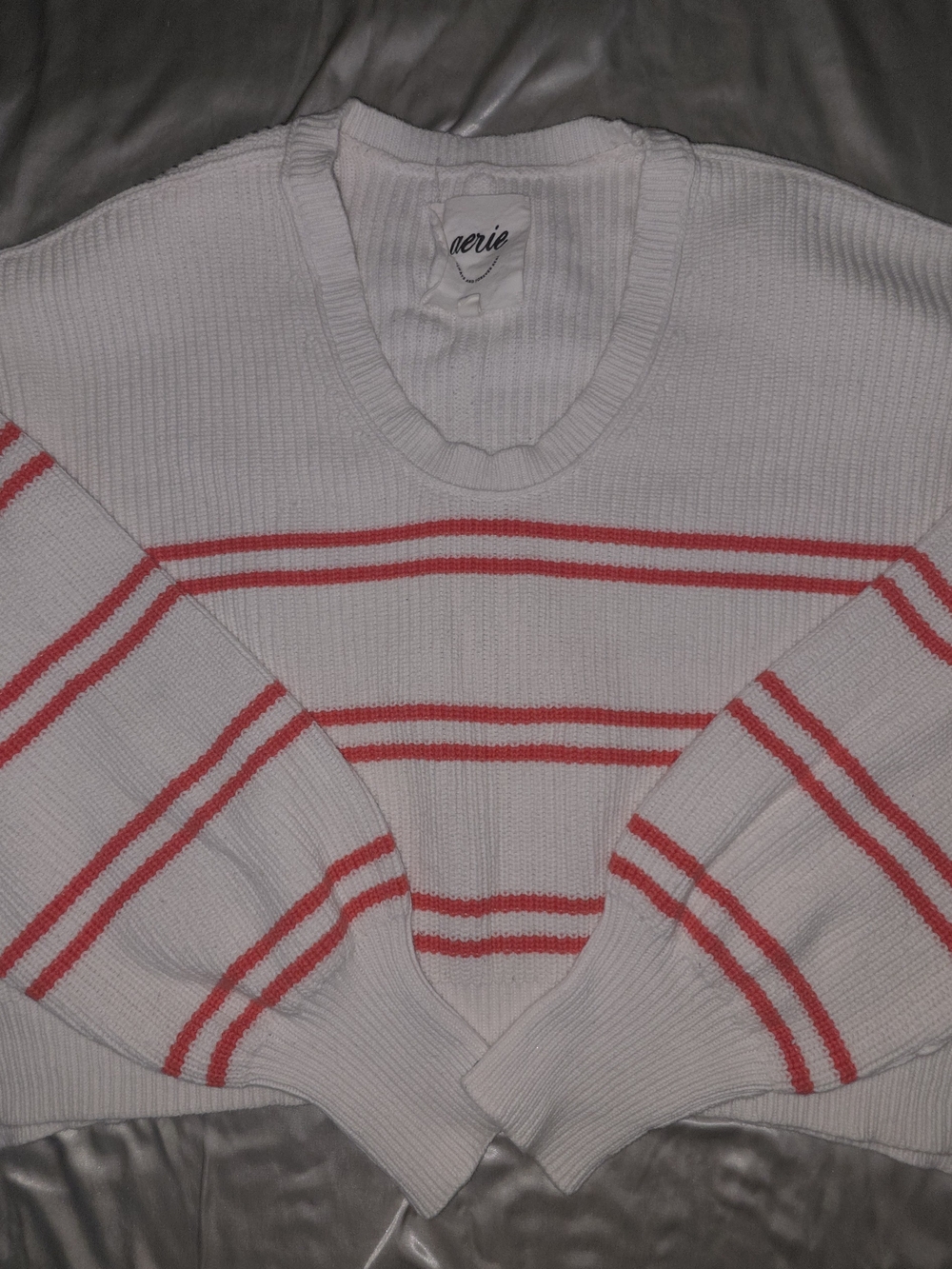 Aerie White Knit Sweater with Coral Stripe